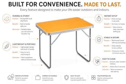 Unibos Camping Table Portable Picnic Table Aluminium Folding Table Indoor Outdoor Table Heavy Duty Garden Trestle Set for BBQ Picnic Party, Load Capacity 15KG (Orange) — view 5