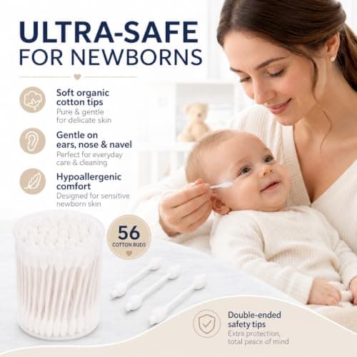 Beavorty Baby Cotton Buds [56 Pack], Organic Bamboo Swabs with Safety Double Tips, Plastic-Free & Biodegradable Eco Sticks for Newborn Ear, Nose and Navel Cleaning, 100% Pure Natural Cotton — view 2