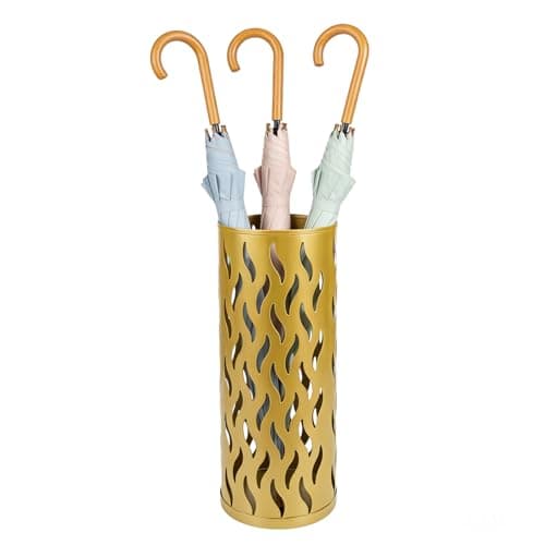 HUAXITRA Umbrella Stand Metal Umbrella Holder for Entryway, Umbrella Storage Rack with 4 Hooks Decor, Walking Stick Stand Indoor/Outdoors for Entryway Home, Office, 15 × 15 × 42cm (Gold)