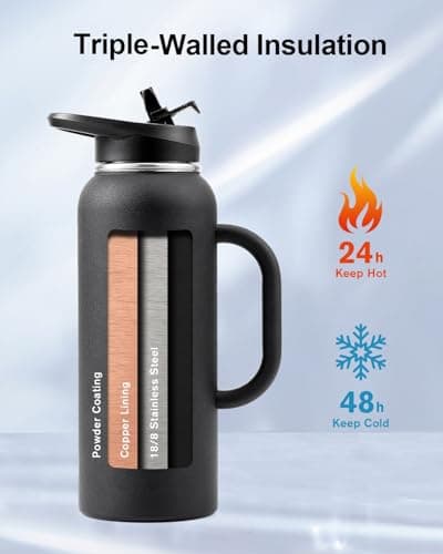 Trebo Insulated Water Bottle 1.2 L Stainless Steel with Side Handle 2 Lids — view 2
