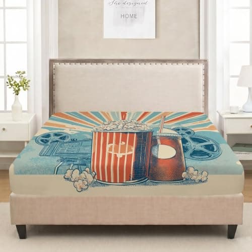 Small Double Fitted Sheet 122 x 190 cm, Retro Cinematic Popcorn Soda Film Projector Reel Microfiber Fitted Sheets with Deep Pocket 30cm, Soft Breathable Bed Sheets, Bed Sheet for Children Adult, Beige — view 3