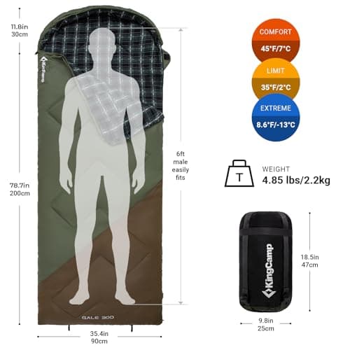 KingCamp Adult Sleeping Bag,100% Cotton Flannel Lining, Comfort 7℃,Olive_L — view 2