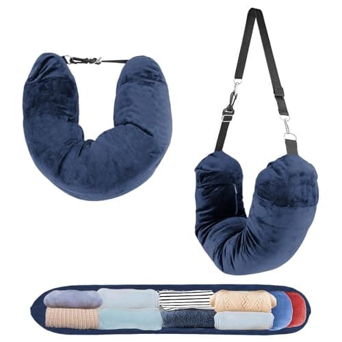 OIHCAZ Stuffable Travel Pillow, Fillable Neck Pillow for Travel with Adjustable Straps, Portable Soft Airplane Pillows Stuffable with Clothes for Essentials Extra Luggage, Travel Essentials (Blue)
