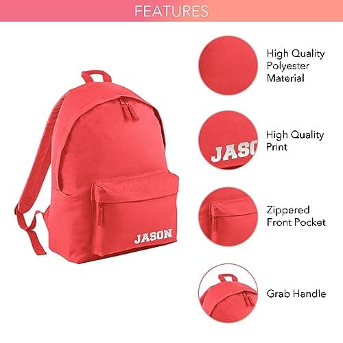 Print Maniacs Personalised School Backpack Large 18L Kids Travel Rucksack Junior Shoulder Collage Rucksack Back To School Lunch Swimming P.E Laptop Book Bag Small Name (Coral) — view 3