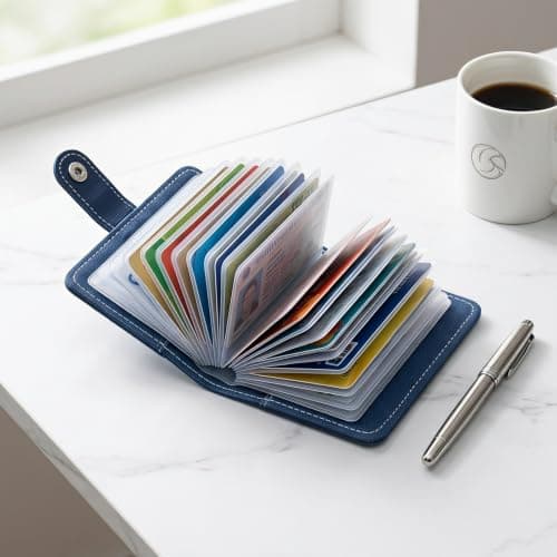 Kemay Minimalist PU Leather Credit Card Holder Wallet for Men & Women, Slim RFID Blocking Bank Card Case with 26 Plastic Insert Sleeves, Travel Business Card Organiser(Dark Blue) — view 3