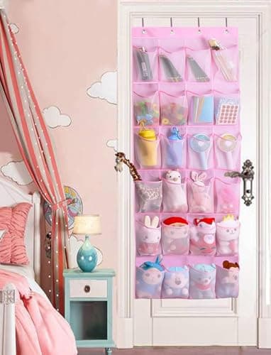 MISSLO Kids Over Door Hanging Shoe Storage Organiser Baby Organizer Hanging Shoe Rack Breathable 24 Large Mesh Pockets for Toddler Girl, Pink — view 5