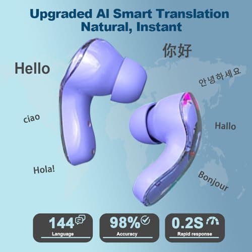 TWS AI Language Translator Earbuds Real Time, Supports 144 Languages, Earphone 3-in-1 Accents，Headphones Language Earbud Translators Bluetooth & APP for Travel, Business, and Learning（Purple） — view 2