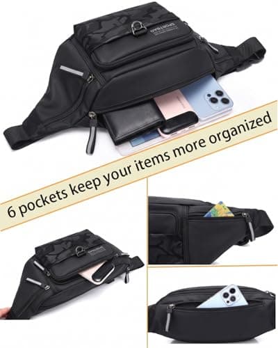 Large Bumbag Waist Fanny Pack Running Belt for Men Ladies Women, Bum Bag with 6-Zipper Pockets Adjustable Belt (Black) — view 6