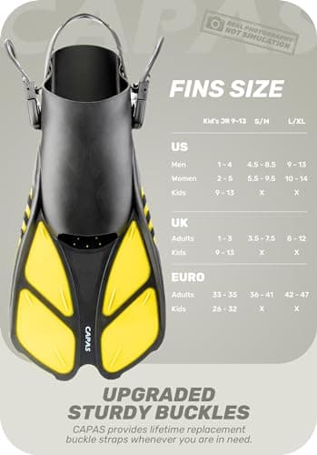 CAPAS Snorkel Fins, Swim Fins Travel Size Short Adjustable for Snorkeling Diving Adult Men Women Kids Open Heel Swimming Flippers (Yellow, S/M) — view 2