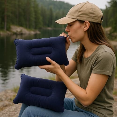 JR Quality Product Pack of Two Inflatable Blow up Pillows for Camping Holidays, Fishing and Travel Comfort. Compact and Light for Easy Storage (Blue) 37cm x 28cm — view 6