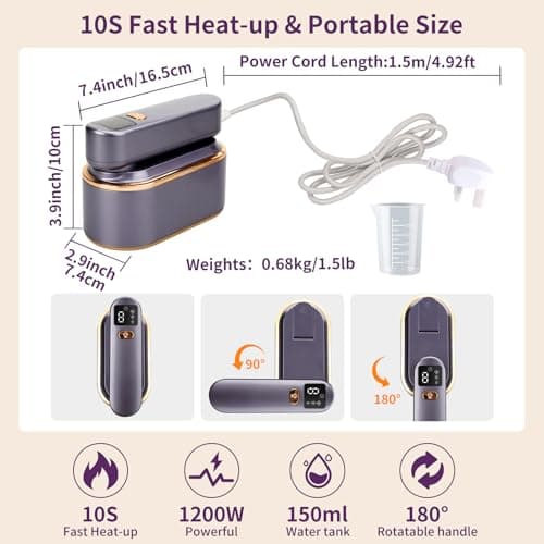 Travel Steamer for Clothes with LED Screen 2 in 1 Portable Iron, 3 Steam Levels & 150ML Water Tank, 10S Fast Heat-up, 1200W Powerful 180°Foldable Wrinkles Remover Steamer for Travel, Home (Purple) — view 3