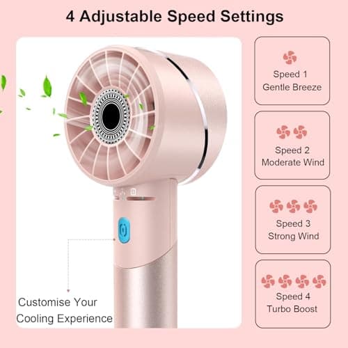 COZOME Handheld Fan, 7000RPM Turbo Portable Fan with 16H Battery, 4-Speed USB Rechargeable Mini Fan | Metal Alloy Pocket Fan, Travel Essentials for Outdoor, Travel, Office, Home | Summer Gift, Pink — view 3