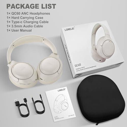 LORELEI QC60 Hybrid Active Noise Cancenlling Headphones,Wireless over ear Bluetooth Headsets with mic, 60H Playtime Foldable Lightweight, Deep Bass, Memory Earmuffs,for Travel Home Office(Beige White) — view 6
