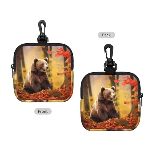 Mini Pouch with Carabiner, Neoprene Travel Makeup Bag with Zipper Tool Storage Pouch Brown bear in autumn Coin Purse Portable Earbud Case Waterproof Card Holder Wallet for Women Men — view 2