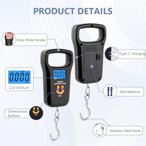 OSDUE Digital Suitcase Scale, 110lb/50kg Luggage Scale, Portable Suitcase Weighing Scales with Extra Wide Handle, Backlit LCD Display,4 Unit Conversions, 2 AAA Batteries & USB-C Charging Cable — view 3