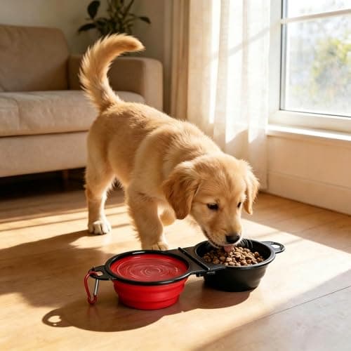 Anti-Tipping Connected Dual Foldable Pet Bowls, 350ml each for small dogs & cats, reinforced rim, collapsible portable food & water feeder, great for walking, hiking, outdoor activities (Black & Red) — view 5