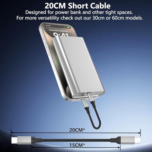 Short USB C to USB C Charger Cable Fast Charging 2 Pack 15CM 60w, Nylon Braided Short USBC to USBC Cable PD Fast Charge 0.5ft USB-C Charger Lead 15 CM for iPhone 17/16/15 iPad Samsung Power Bank — view 5