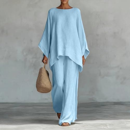 Lounge Wear Set Women Casual Linen Tracksuits 2 Piece Outfits Loose Summer Co Ord Set Ladies Long Sleeve Tunic Tops Pullover Elastic Waist Wide Leg Trousers Holiday Beach Travel Wedding Party Uk S-2XL — view 4