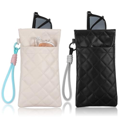 Matwsec 2PCS Double Glasses Case Soft PU Leather, Sunglass Pouch with Strap for Women, Squeeze Top Eyeglass Case Travel Sunglasses Organizer Set (White Black)