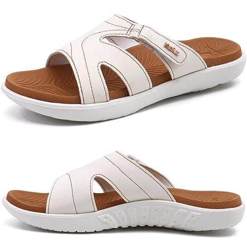 KuaiLu Womens Fashion Orthotic Sliders Ladies Lightweight Athletic Yoga Mat Sandals Slip on Thick Cushion Slippers Sandals with Comfortable Plantar Fasciitis Arch Support KhakiWhite 5