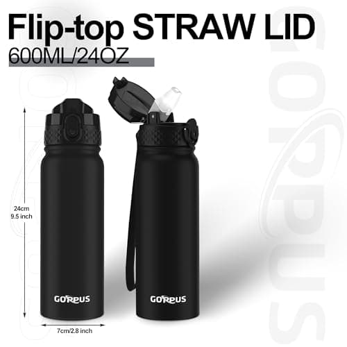 GOPPUS 600ml/20oz Stainless Water Bottle with Straw Double Wall Insulated Bottles with Strap One Hand Open Vacuum Thermal Flask with Flip Top Lid Leakproof Keep Cold Drinks BPA Free (Black) — view 4