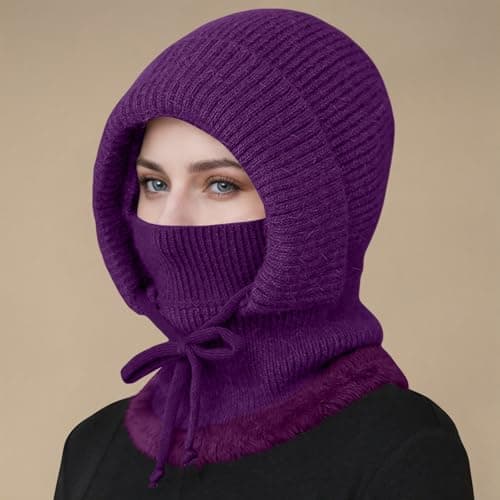 Knitted Balaclava Women Winter Warm Knitted Caps for Women with Neck Warmer Fleece Lined Woolly Pom Pom Beanie Hat Adjustable Windproof Balaclava Hooded Hats for Outdoor Sports Travel Skiing Purple — view 2