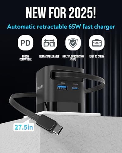 65W Retractable Travel USB C Charger, 3-Ports Foldable Travel Adapter Plug Converter with UK/EU/AU Plugs, Fast Charging for Laptop, for Macbook Pro/Air, for iPhone 17/16/15 series, iPad Pro/Air, Black — view 2