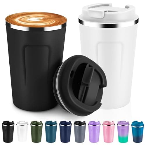 Volhoply 360ml 12oz Double Wall Insulated Vacuum Travel Coffee Mugs with Flip Lid Bulk 2 Pack,Reusable Stainless Steel Leak Proof Coffee Cup,Thermal Tumbler for Cold & Hot Drinks(Assorted,2 Set)