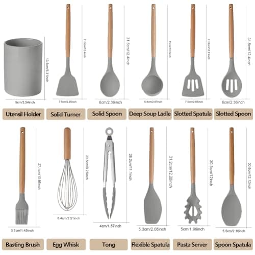 12 Pcs Kitchen Utensil Set, Silicone Cooking Utensils Set with Wooden Handle, Heat Resistant, Nonstick Cookware Tongs Spatula Spoon Set with Storage Bucket for Home, Camping, Dishwasher Safe (Grey) — view 2