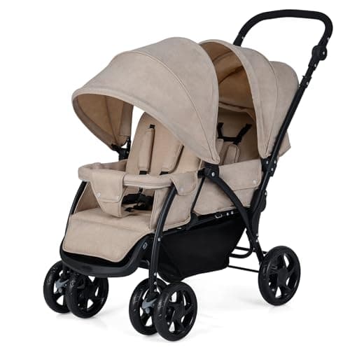 COSTWAY Double Pushchair, Foldable Twin Tandem Stroller with Adjustable Backrest, Push Handle & Footrest, 5 Points Safety Belts, Sunshade, Storage Basket, for from Birth to 15kg (Khaki)