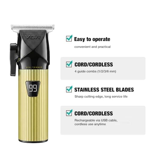 VGR 037 Mini Hair Trimmer for Men with Taper Lever and LED Display, Gold — view 2