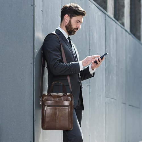 BAIGIO Mens Leather Handbag Crossbody Shoulder Messenger Bag Small Briefcase iPad Tablet Case for Work School Business Travel (Brown) — view 2