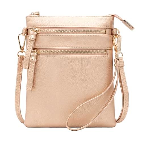 Solene Women's Crossbody Bag Multi Zipper Pockets with Detachable Wristlet, Lightweight Travel Purse, Cell Phone Purses, Rose Gold, M