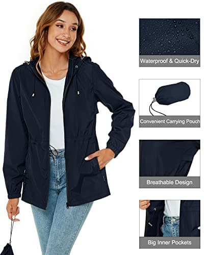 Rapbin Womens Raincoat Waterproof Jackets Outdoor Rain Trench Coat Lightweight Quick Dry Packable Hooded Raincoats with Pockets Navy Blue XXL — view 3