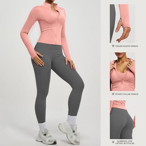 AMDOLE Gym Sets for Women 2 Piece Tracksuit Sets Long Sleeve Zip Up Cropped Jackets With High Waist Leggings Workout Set Yoga Sport Running Outfits Activewear Set Rose Gold L — view 6