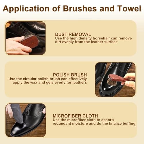 LYSSRA 3-Piece 100% Horse Hair Shoe Brush Kit Premium Dauber Applicators Leather Care Cleaning Set with Polishing Brushes and Cloth for Leather Suede Shoes Boots Bags Cars Cleaning Polishing — view 6