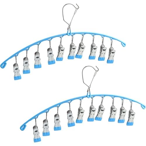Roellgs 2Pack Drying Hanger, Stainless Steel Drying Rack, Drip Hanger With 10 Pegs for Underwear Socks Bra Panty Gloves, Windproof, Quickly Remove Clothes from Hanger (blue)