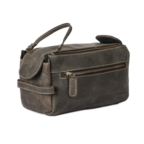 KomalC Buffalo Leather Toiletry Bag for Men & Women, Travel Pouch, Charcoal