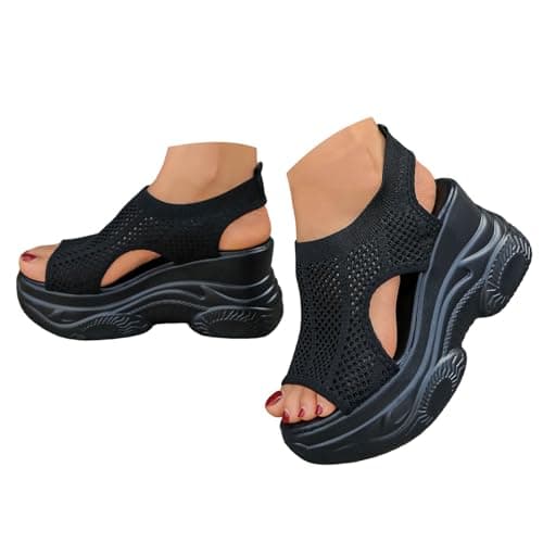 Mesh Knit Platform Wedge Sneakers for Women 2026 Open Toe Sock Sandals Hollow Out Breathable Knit Slip On Chunky Non Slip Sole Comfortable Lightweight Casual Summer Walking Travel Shoes