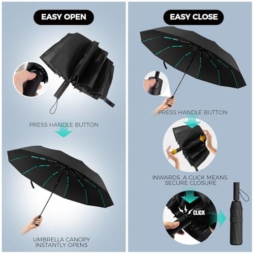 NAYEZH Umbrella Windproof Travel Umbrella for Rain, Auto Open Close, 12 Ribs 3+2 Fiberglass Frame, Durable Compact Portable Umbrella for Daily Use (Black) — view 5