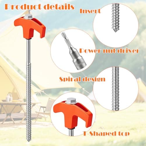 12 Pack Heavy Duty Tent Pegs, 8.07in Camping Rock Pegs, Ground Anchors with Thread, Includes Drill Adapter & Nail Puller & Drawstring Bag, Ideal for Camping, Rock, Beach (Orange) — view 3