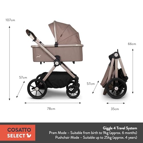 Cosatto Giggle 4 Travel System Everything Bundle | Pram, Pushchair, Carrycot & Tote, Infant Carrier Car Seat & Base | Birth-4 Years, i-Size Group 0 | Compact Fold, Footmuff, Bag, Raincover (Hoglet) — view 3