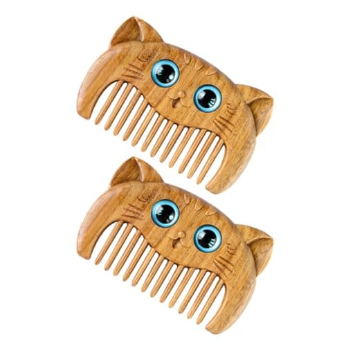 2pcs Natural Wooden Cat Design Hair Combs Travel Set