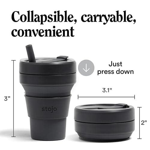 STOJO On-The-Go Biggie Collapsible Coffee Cup with Lid - 16oz / 473ml - Reusable & Foldable Silicone Travel Mug - Portable, Pocket Size - Dishwasher Safe - Carbon — view 6