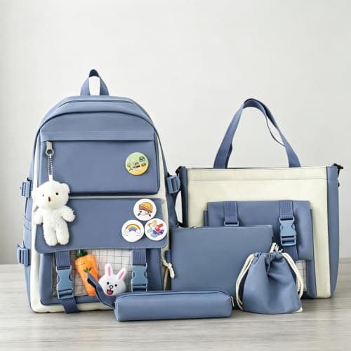 5 in 1 Backpack Set for Teen Girls, Large Capacity Water Resistant School Rucksack with Tote Tutoring Bags Crossbody Bag, Pencil Case, Bear Pendant & Cartoon Badge Accessories, Casual Travel Daypack — view 2