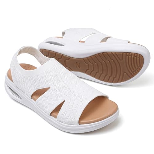 TETSUO Women's Summer Walking Sandals Slip On Air Cushion Support Platform Sandals Open Toe Ankle Strap White Dress Sandal Shoes