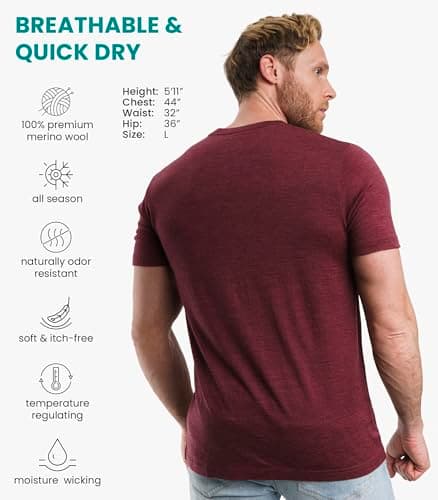 100% Merino Wool T Shirt Mens - Merino Wool Base Layer Men + Hiking Socks (Burgundy Wine, Small) — view 3