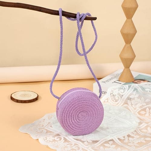 Jamron Handmade Round Straw Bag Crossbody Shoulder Bag Bohemian Beach Bag with Zipper SN0702152 Mini Purple — view 5