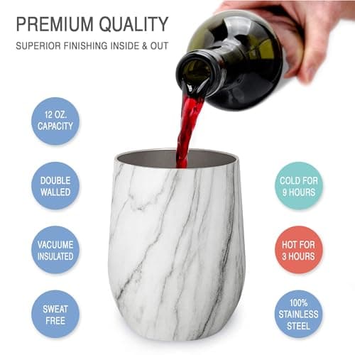 CHILLOUT LIFE Stainless Steel Wine Tumblers 2 Pack 12 oz & 1 Insulated Wine Bottle - Double Wall Vacuum Insulated Wine Cups with Lids and Straws Set - Carrara Marble — view 2
