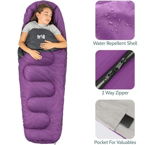 Trail Kids Sleeping Bag Mummy Shape 3 Season Camping 300gsm Boys Girls with Lightweight Rucksack Bag (Purple) — view 5